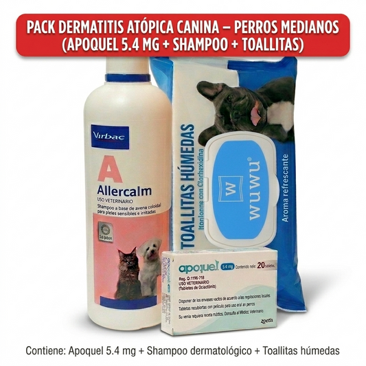 Pack Dermatitis Atópica Canina Perros Medianos – Apoquel 5.4 mg + Shampoo + Toallitas, Tratamiento Integral de Zoetis en MasKotas Farmavet
