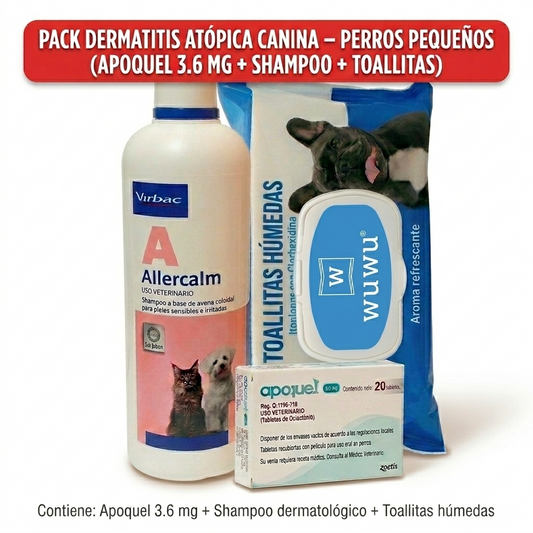 Pack Dermatitis Atópica Canina Perros Pequeños – Apoquel 3.6 mg + Shampoo + Toallitas, Tratamiento Integral - Dermatológicos veterinaria Zoetis en MasKotas Farmavet
