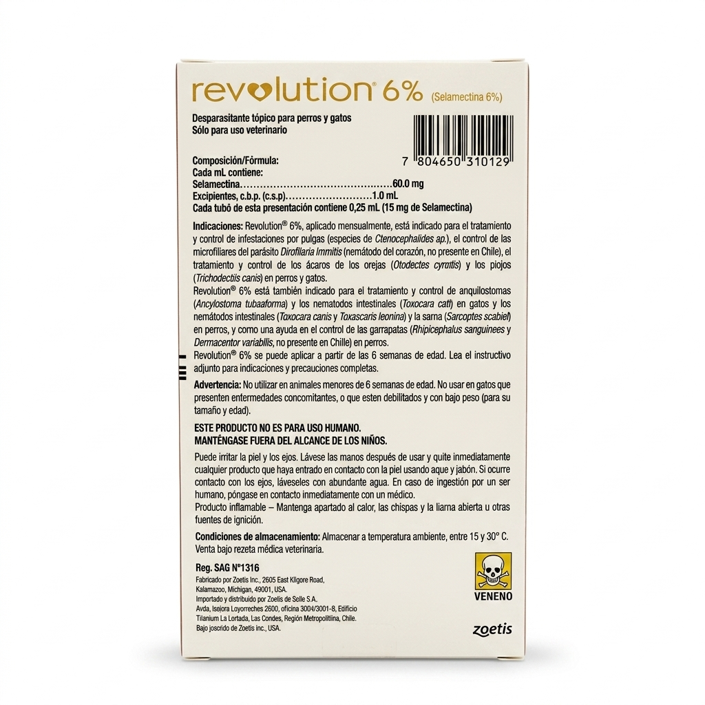 Etiqueta posterior de Revolution 6% selamectina, antiparasitario tópico para perros y gatos de Zoetis con instrucciones de uso veterinario.
