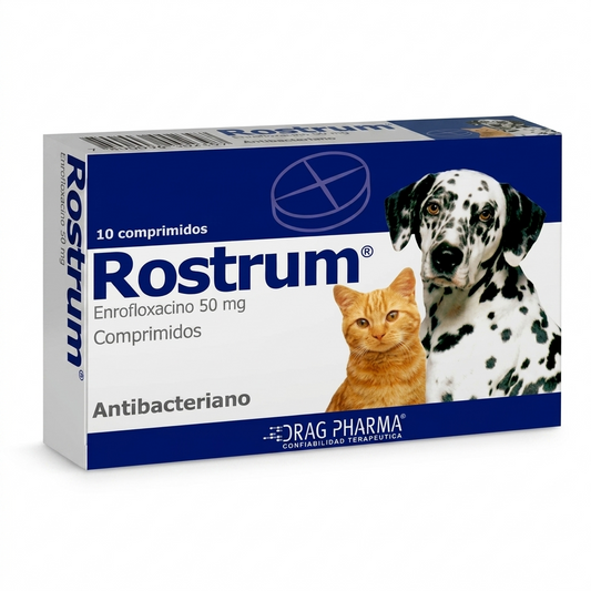 Rostrum 50 mg Perros y Gatos 10 comprimidos – Antibiótico Amplio Espectro - Antibioticos veterinaria en MasKotas Farmavet
