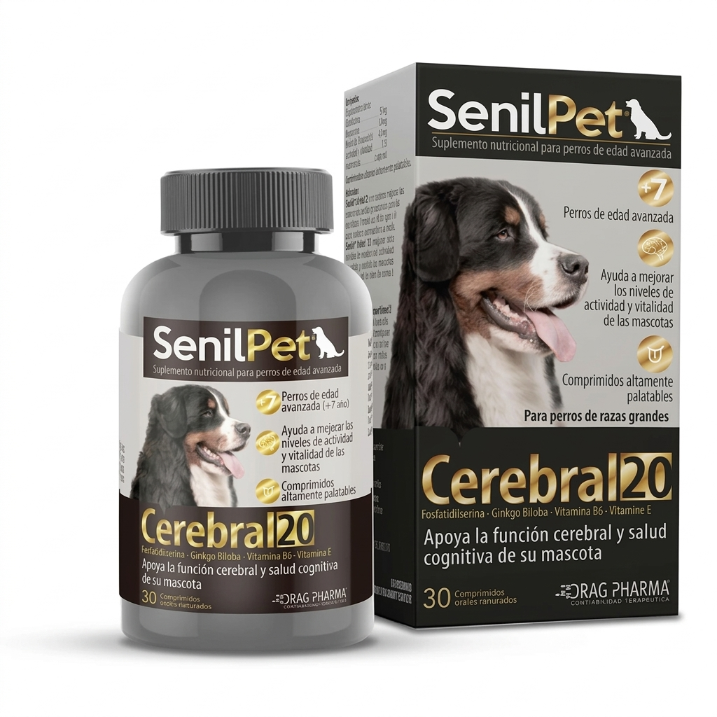Senilpet Cerebral 20 mg - 30 Comprimidos – Tratamiento Cognitivo - Perros Senior - Vitaminas y Suplementos veterinaria en MasKotas Farmavet
