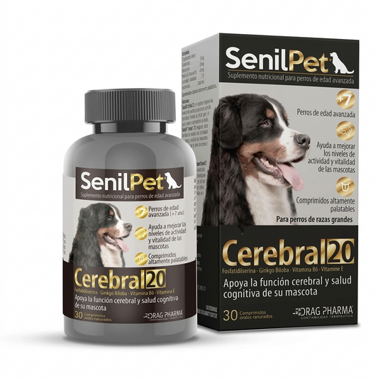 Senilpet Cerebral 20 mg - 30 Comprimidos – Tratamiento Cognitivo - Perros Senior - Vitaminas y Suplementos veterinaria en MasKotas Farmavet
