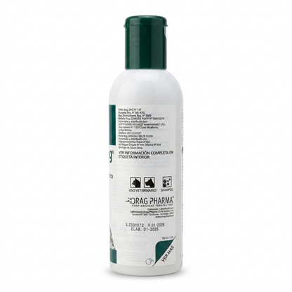 Detalle de la etiqueta de Alerdrag shampoo de Drag Pharma, con especificaciones de registro sanitario, modo de uso y advertencias de almacenamiento.