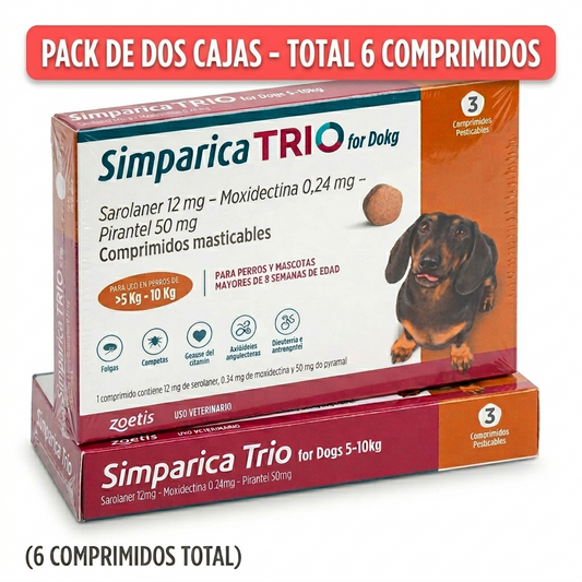 Simparica TRIO 5–10 kg - Pack 2 cajas -  6 Comprimidos – Antiparasitario interno y externo perros