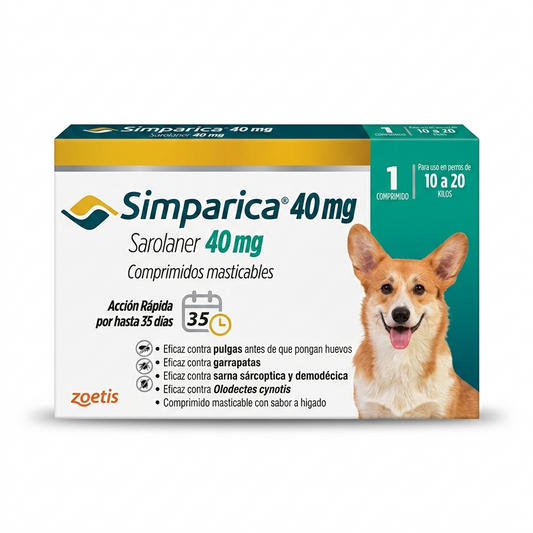 Simparica para perros 10-20 kg 1 Comprimido – Antiparasitario Externo, Protección Mensual - Antiparasitarios externo veterinaria Zoetis en MasKotas Farmavet
