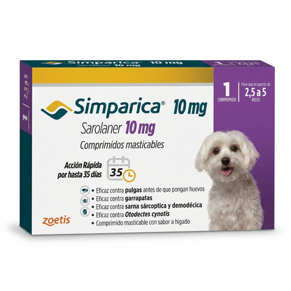 Simparica para perros 2.5-5 kg 1 Comprimido – Antiparasitario Externo, Protección Mensual - Antiparasitarios externo veterinaria Zoetis en MasKotas Farmavet
