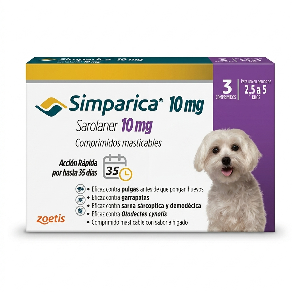 Simparica para perros 2.5-5 kg 3 Comprimidos – Antiparasitario Externo, Protección Mensual - Antiparasitarios externo veterinaria Zoetis en MasKotas Farmavet
