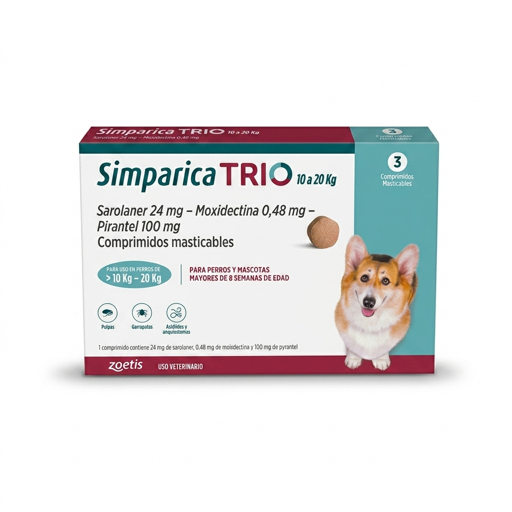 Simparica TRIO 10–20 kg 3 Comprimidos – Antiparasitario interno y externo perros - Antiparasitarios externo veterinaria Zoetis en MasKotas Farmavet
