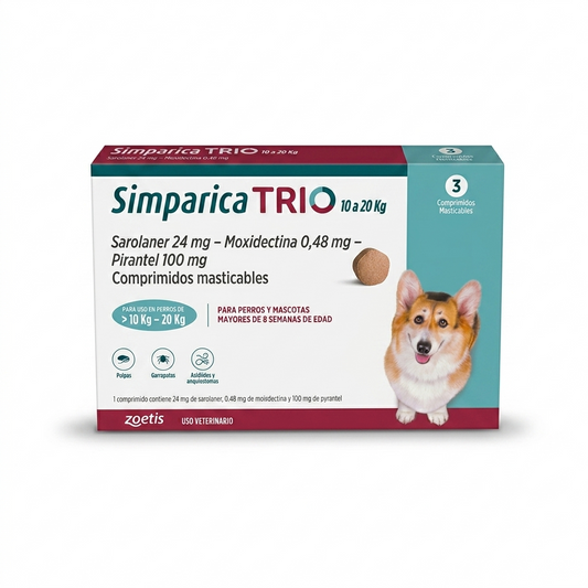 Simparica TRIO 10–20 kg 3 Comprimidos – Antiparasitario interno y externo perros - Antiparasitarios externo veterinaria Zoetis en MasKotas Farmavet
