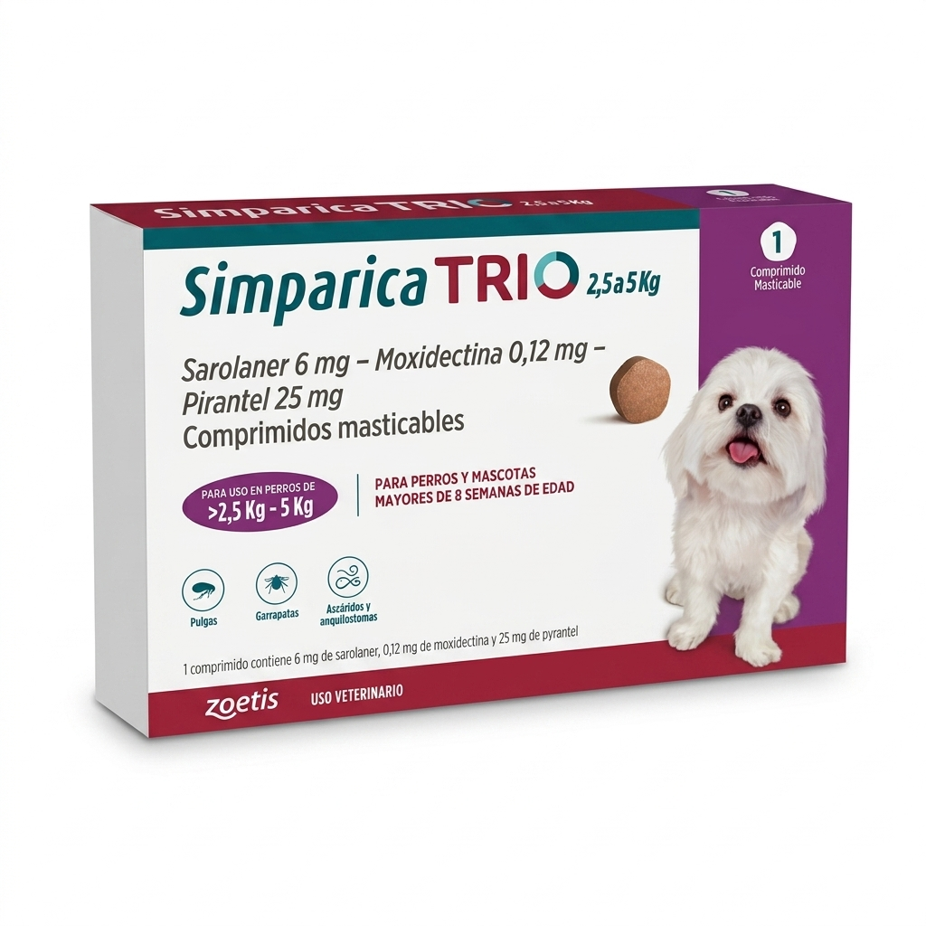 Simparica TRIO 2.5–5 kg 1 Comprimido – Antiparasitario interno y externo perros - Antiparasitarios externo veterinaria Zoetis en MasKotas Farmavet
