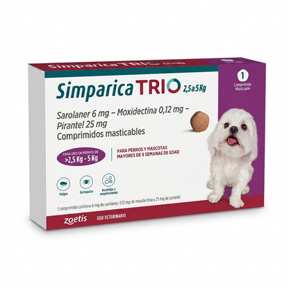 Simparica TRIO 2.5–5 kg 1 Comprimido – Antiparasitario interno y externo perros - Antiparasitarios externo veterinaria Zoetis en MasKotas Farmavet
