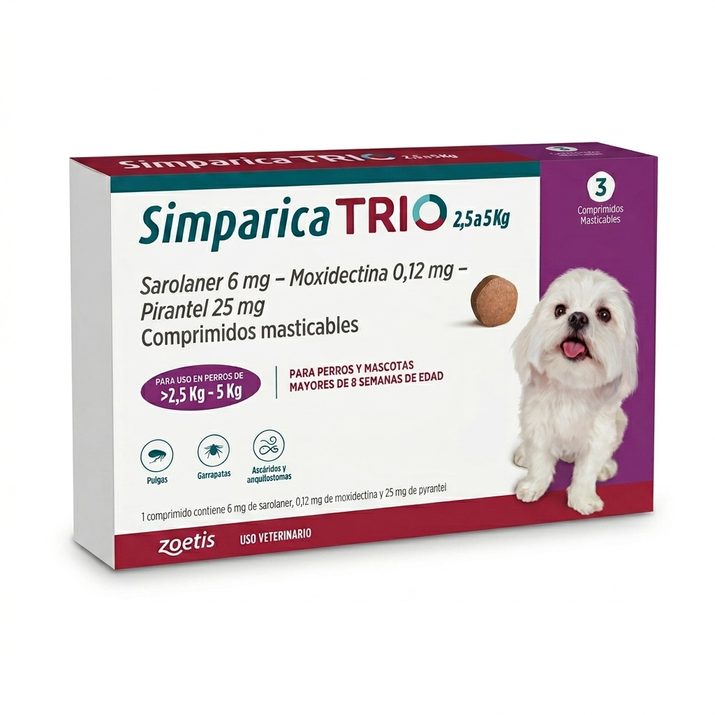 Simparica TRIO 2.5–5 kg 3 Comprimidos – Antiparasitario interno y externo perros - Antiparasitarios externo veterinaria Zoetis en MasKotas Farmavet

