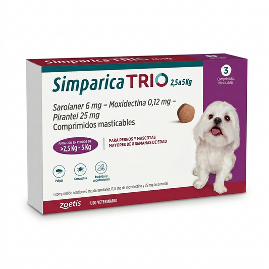 Simparica TRIO 2.5–5 kg 3 Comprimidos – Antiparasitario interno y externo perros - Antiparasitarios externo veterinaria Zoetis en MasKotas Farmavet
