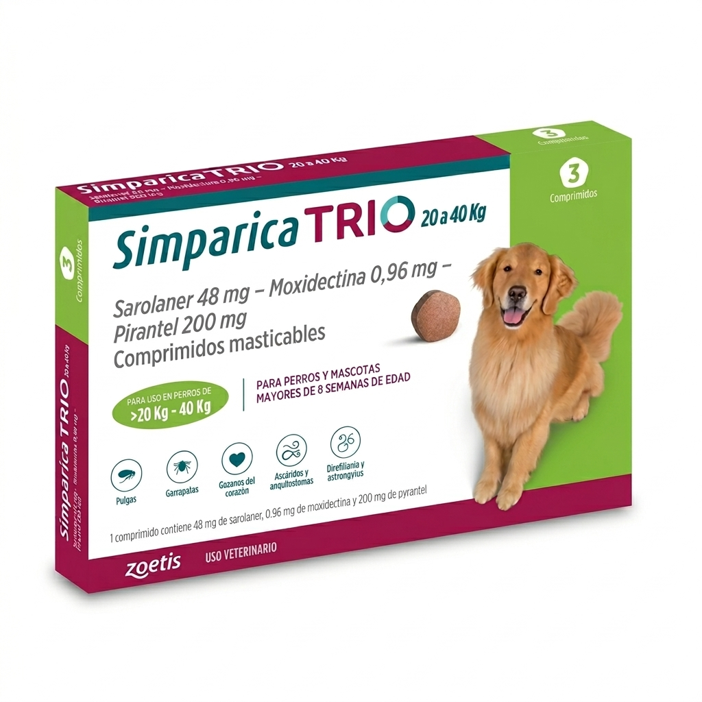 Simparica TRIO 20–40 kg 3 Comprimidos – Antiparasitario interno y externo perros - Antiparasitarios externo veterinaria Zoetis en MasKotas Farmavet
