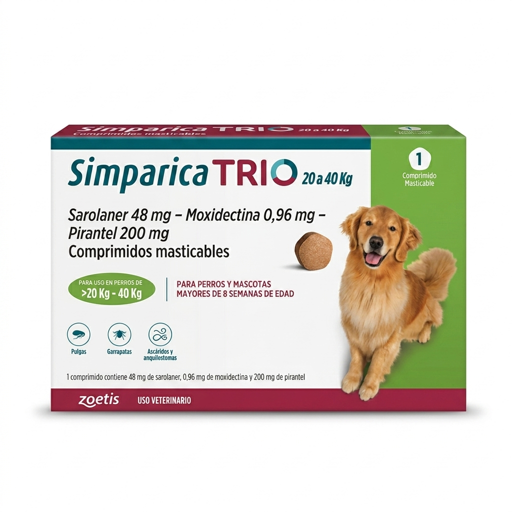 Simparica TRIO 20–40 kg 1 Comprimido – Antiparasitario interno y externo perros - Antiparasitarios externo veterinaria Zoetis en MasKotas Farmavet

