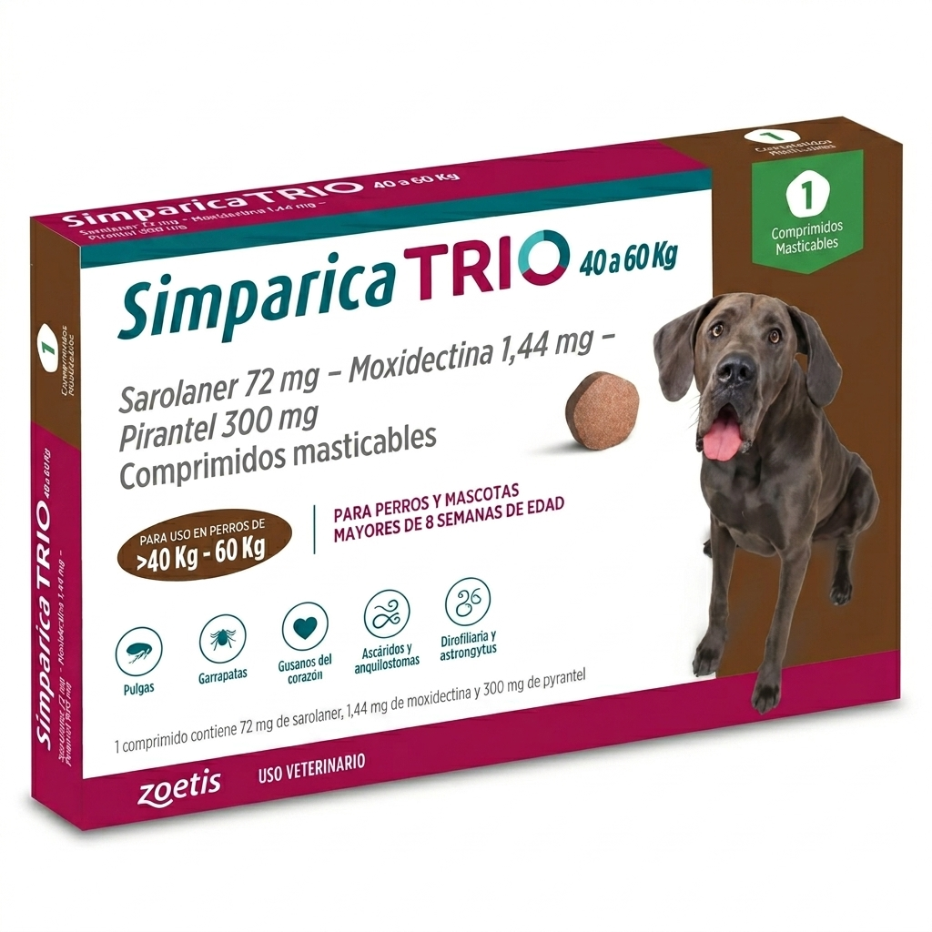 Simparica TRIO 40-60 kg 1 Comprimido – Antiparasitario interno y externo perros - Antiparasitarios externo veterinaria Zoetis en MasKotas Farmavet
