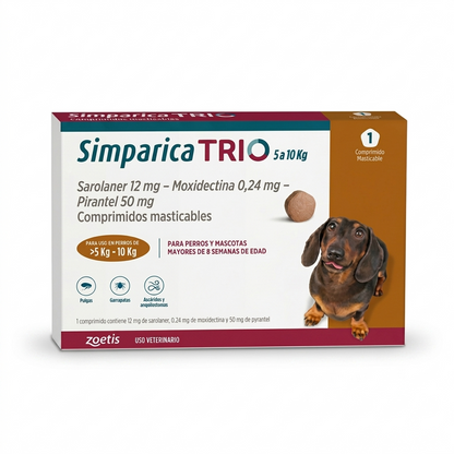 Simparica TRIO 5–10 kg 1 Comprimido – Antiparasitario interno y externo perros - Antiparasitarios externo veterinaria Zoetis en MasKotas Farmavet
