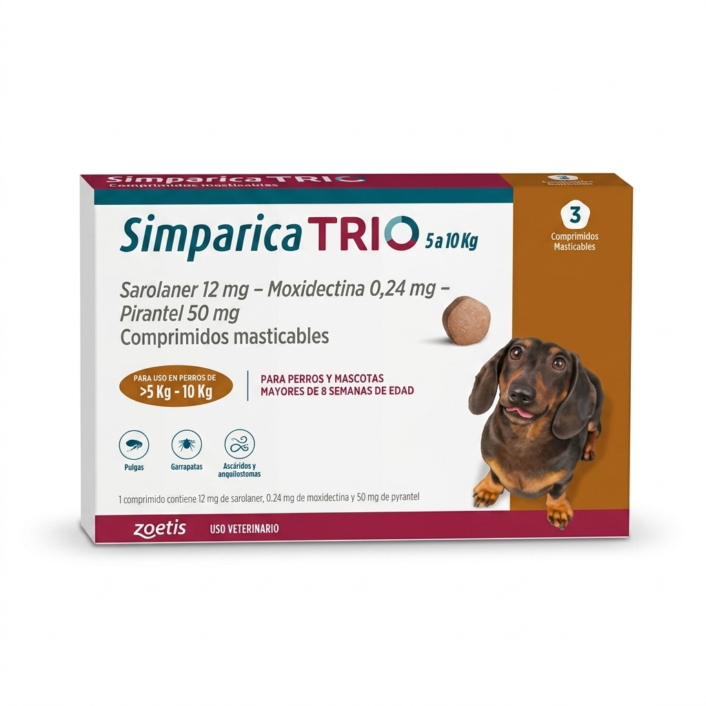 Simparica TRIO 5-10 kg 3 Comprimidos – Antiparasitario interno y externo perros - Antiparasitarios externo veterinaria Zoetis en MasKotas Farmavet
