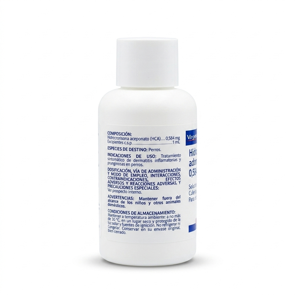 Vista posterior de la botella de hidrocortisona aceponato spray de uso veterinario, detallando la fórmula y el modo de aplicación cutánea.