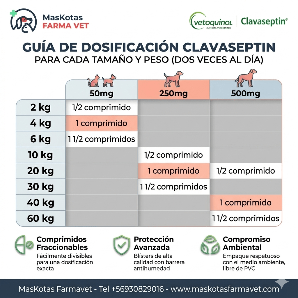 Infografía de la guía de dosificación oficial de Clavaseptin de Vetoquinol (administración dos veces al día) para sus presentaciones de 50 mg, 250 mg y 500 mg, adaptada para MasKotas Farmavet. Incluye una tabla organizada por el peso de la mascota y los comprimidos requeridos: para 50 mg va desde los 2 kg a 6 kg; para 250 mg cubre de 10 kg a 30 kg; y para 500 mg cubre de 20 kg a 60 kg.
