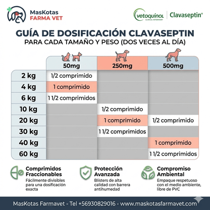 Infografía de la guía de dosificación oficial de Clavaseptin de Vetoquinol (administración dos veces al día) para sus presentaciones de 50 mg, 250 mg y 500 mg, adaptada para MasKotas Farmavet. Incluye una tabla organizada por el peso de la mascota y los comprimidos requeridos: para 50 mg va desde los 2 kg a 6 kg; para 250 mg cubre de 10 kg a 30 kg; y para 500 mg cubre de 20 kg a 60 kg.
