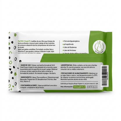 Vista trasera del empaque de toallitas húmedas Pet'it Clean para mascotas, mostrando el modo de uso, ingredientes y precauciones de higiene.