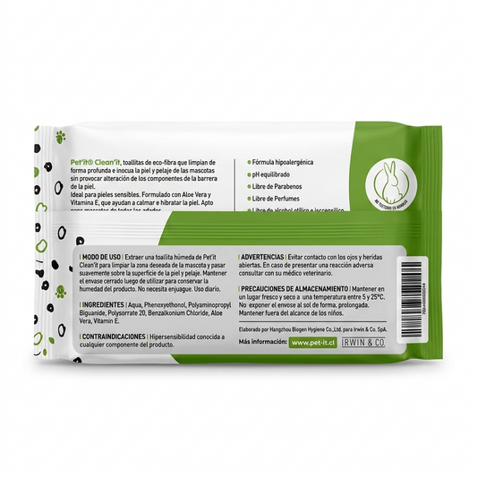 Vista trasera del empaque de toallitas húmedas Pet'it Clean para mascotas, mostrando el modo de uso, ingredientes y precauciones de higiene.