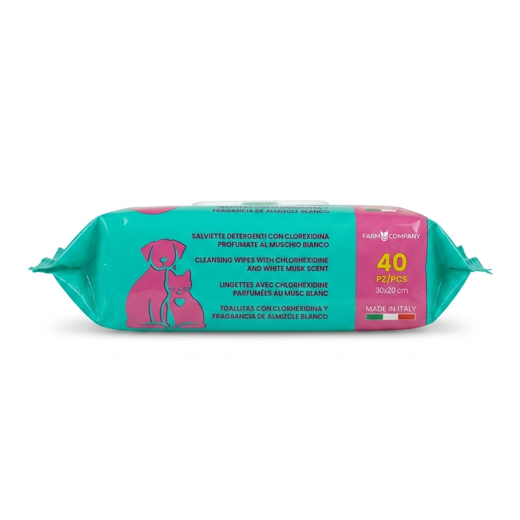 Lomo lateral del empaque de toallitas higiénicas Salviette Detergenti con clorhexidina para perros y gatos, detallando especificaciones de fábrica.