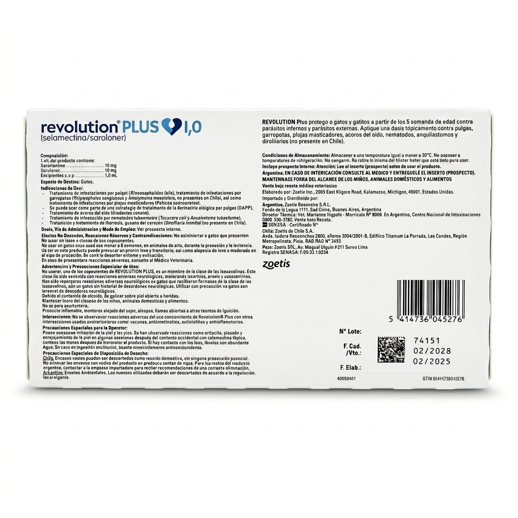 Reverso Caja de antiparasitario Revolution Plus para gatos de 1ml, tratamiento de Zoetis contra pulgas, garrapatas y parásitos internos.