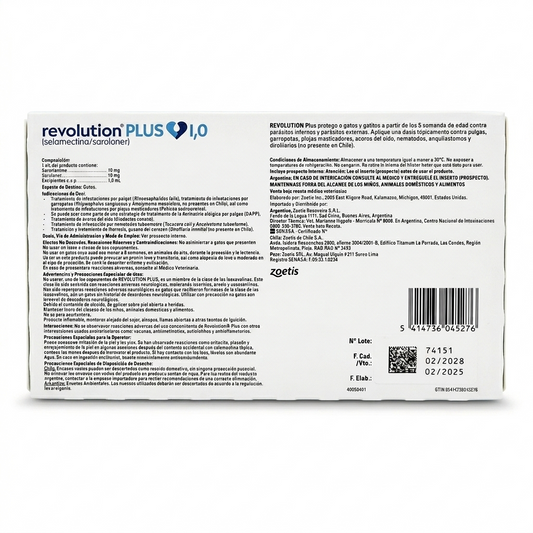 Reverso Caja de antiparasitario Revolution Plus para gatos de 1ml, tratamiento de Zoetis contra pulgas, garrapatas y parásitos internos.