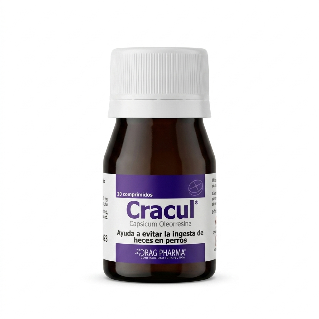 Vista frontal de la botella de Cracul solución oral para mascotas sobre fondo blanco, mostrando el diseño principal de la etiqueta.