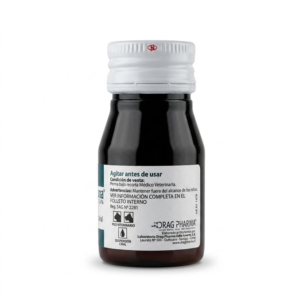 Vista lateral secundaria del frasco de Dermisolona 10 ml de Drag Pharma, detallando condición de venta, advertenca y datos de registro veterinario.