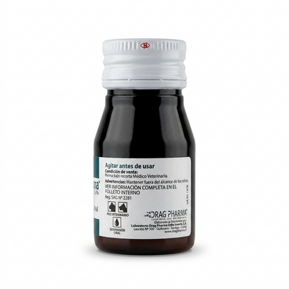 Vista lateral secundaria del frasco de Dermisolona 10 ml de Drag Pharma, detallando condición de venta, advertenca y datos de registro veterinario.