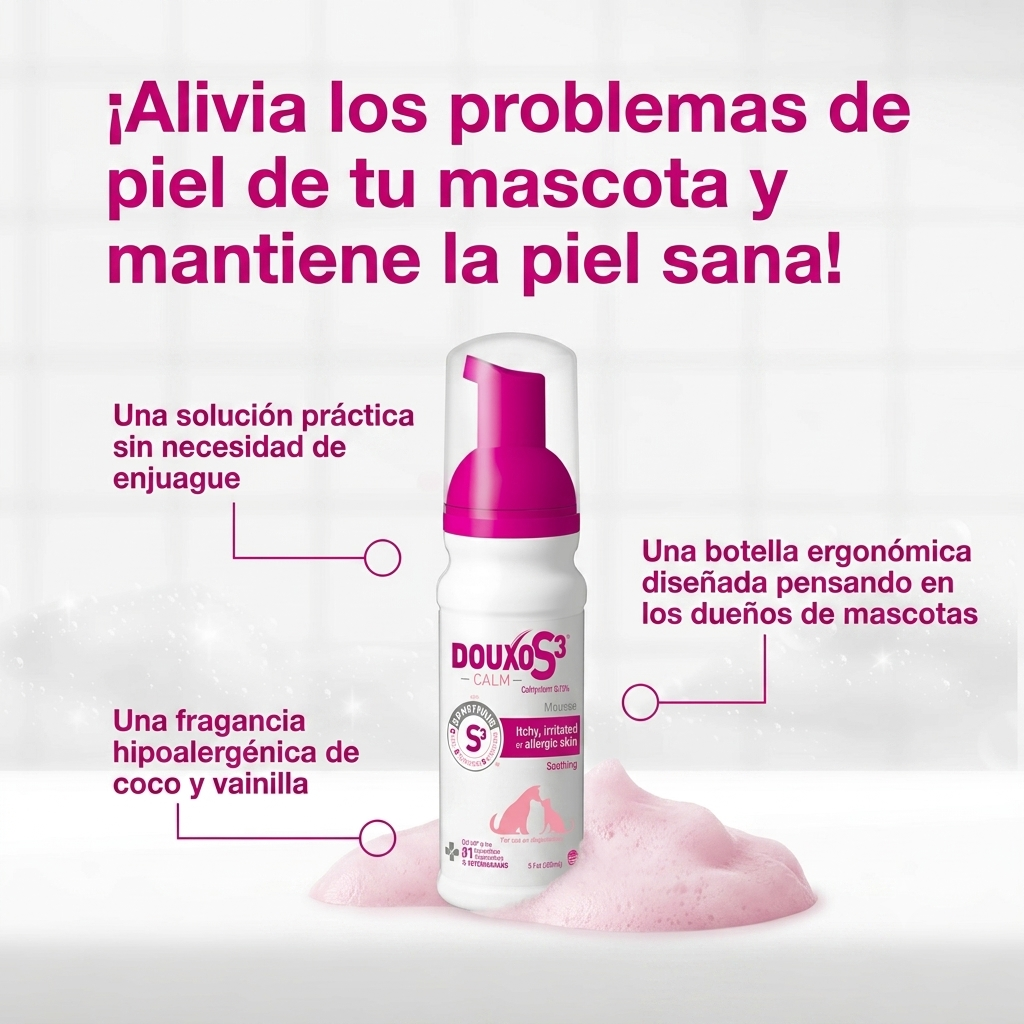 Afiche publicitario en español de Douxo S3 Calm Mousse espuma sin enjuague para la dermatitis de perros y gatos. Destaca su solución práctica, botella ergonómica y fragancia hipoalergénica de coco y vainilla.