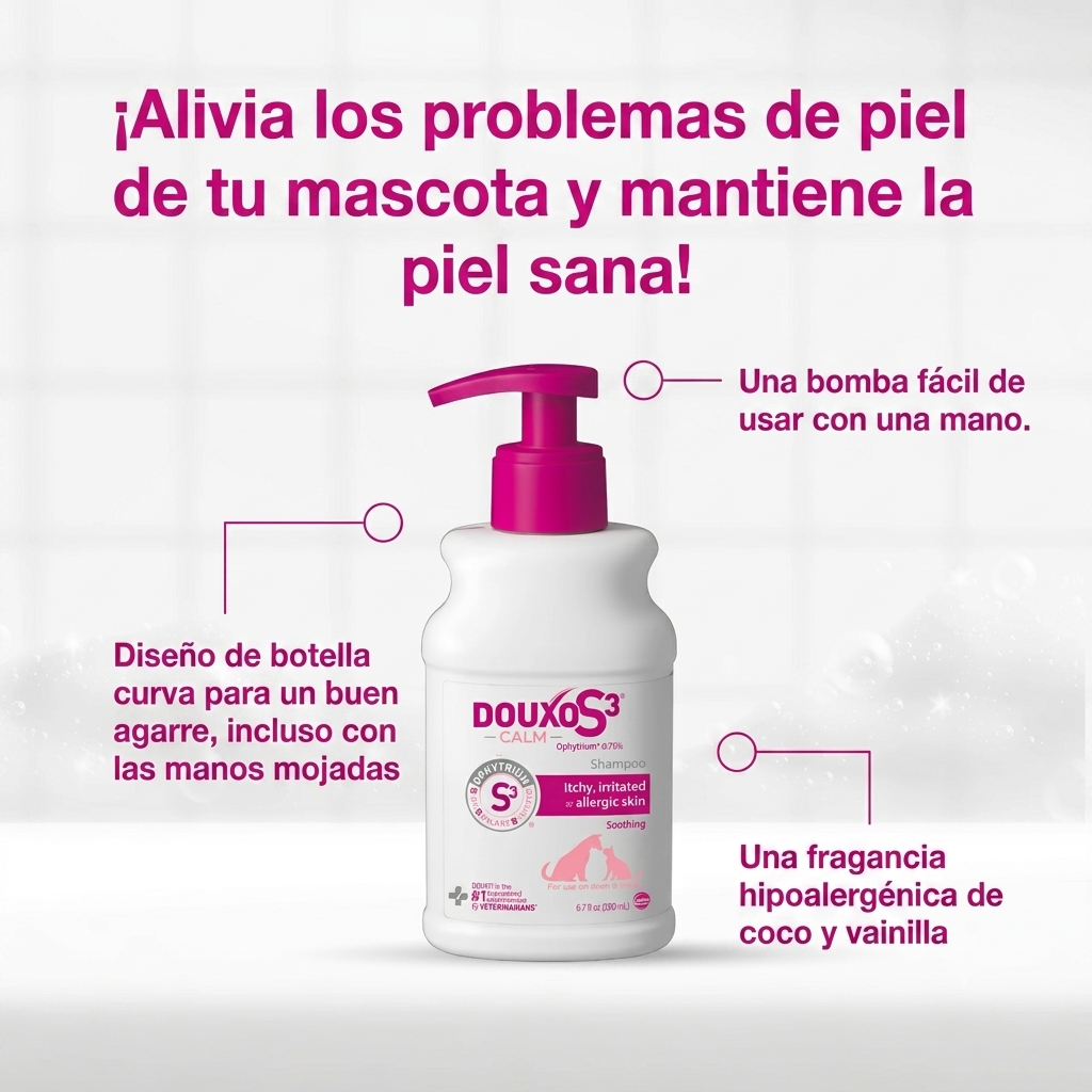 Infografía en español del champú DOUXO S3 CALM que detalla el diseño de su envase. Una línea señala la bomba fácil de usar con una mano, otra destaca el diseño de botella curva para un buen agarre con manos mojadas, y una tercera menciona su fragancia hipoalergénica de coco y vainilla. El encabezado destaca que alivia los problemas de piel de la mascota y mantiene la piel sana.