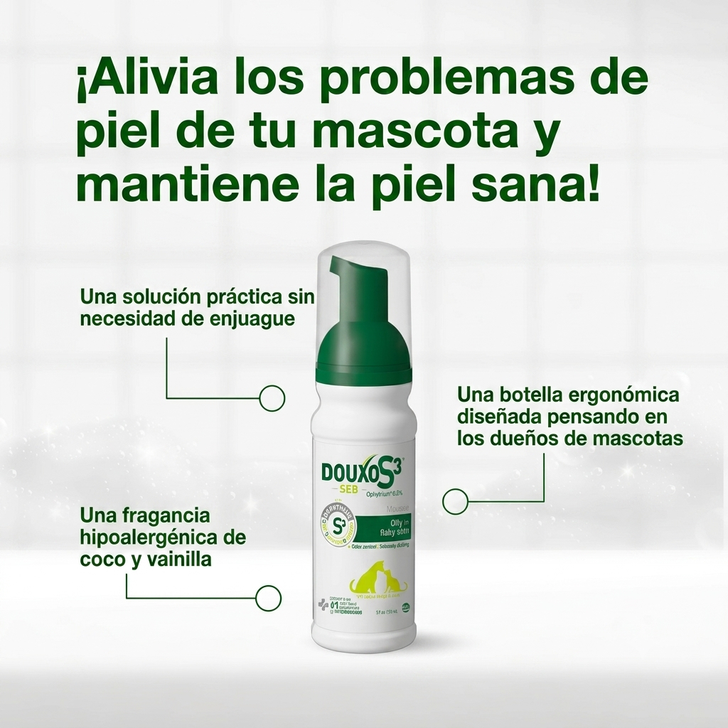Afiche publicitario en español de Douxo S3 SEB Mousse espuma sin enjuague para la piel de perros y gatos. Destaca su solución práctica, botella ergonómica y fragancia hipoalergénica de coco y vainilla.