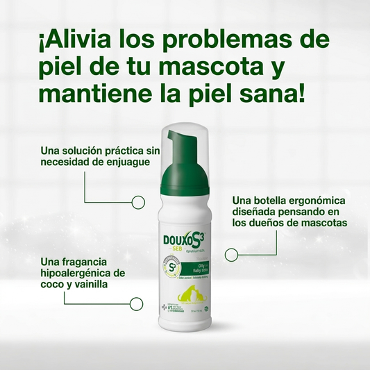 Afiche publicitario en español de Douxo S3 SEB Mousse espuma sin enjuague para la piel de perros y gatos. Destaca su solución práctica, botella ergonómica y fragancia hipoalergénica de coco y vainilla.