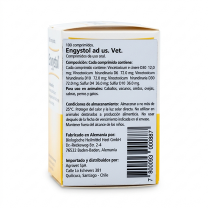 Reverso de la caja de Engystol de 100 comprimidos del laboratorio Heel, medicamento homeopático inmunoestimulante de uso veterinario.