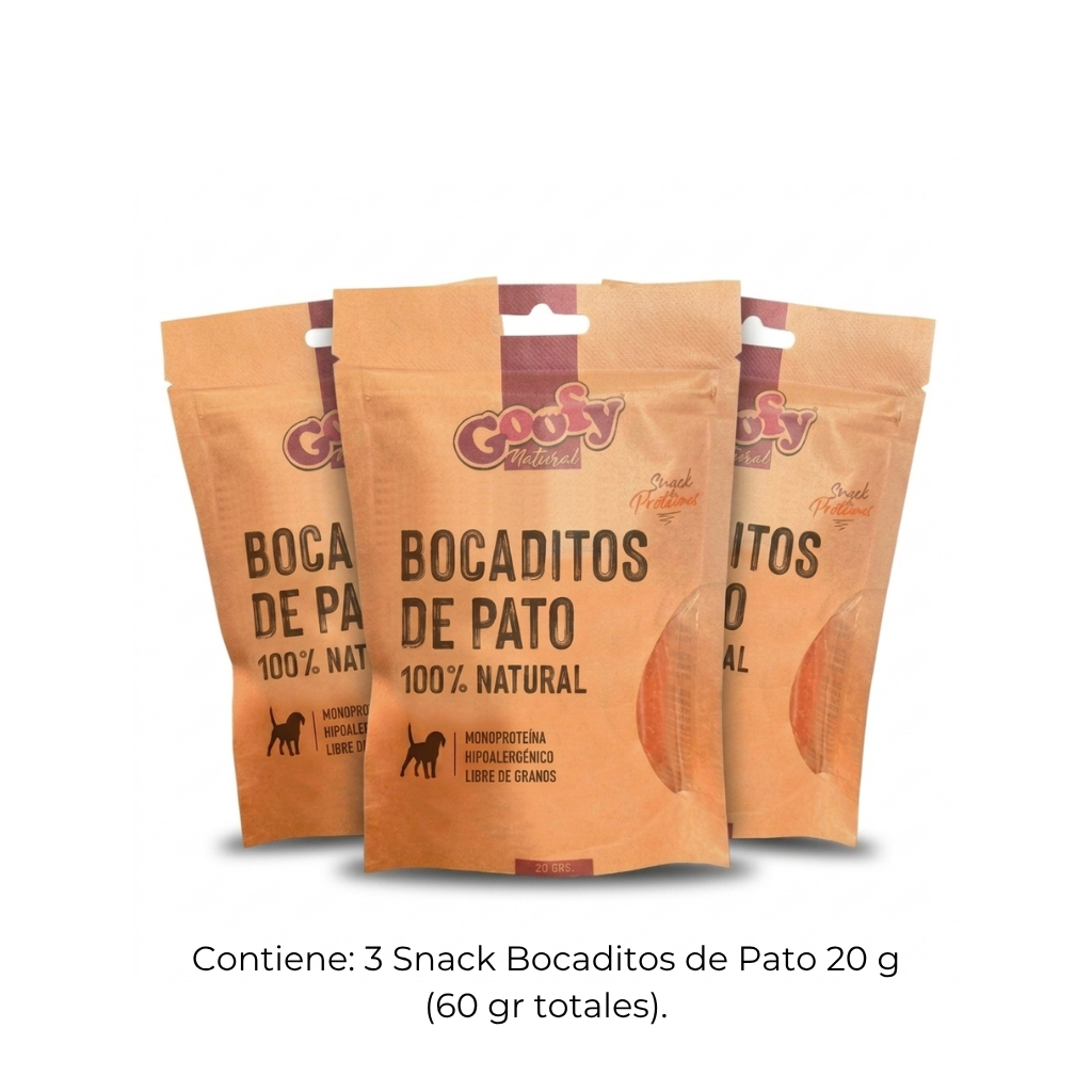 Pack promocional de tres unidades de snacks para perros 'Bocaditos de Pato' de Goofy Natural, con un contenido total de 60 gramos. El empaque de papel craft resalta que es un producto 100% natural, monoproteína, hipoalergénico y libre de granos, ideal para la alimentación canina.
