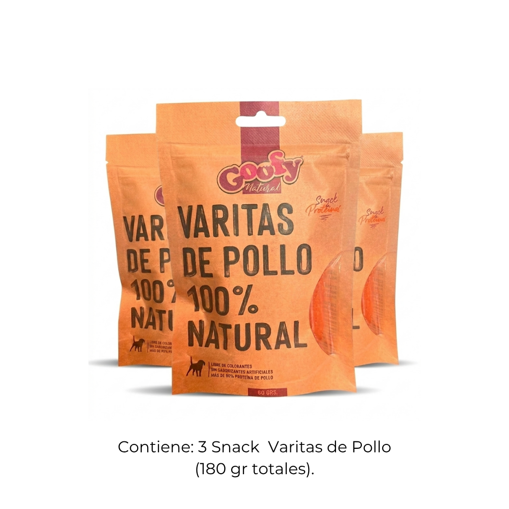 Pack de tres unidades de snacks para perros Goofy Natural 'Varitas de Pollo' de 60g cada una, exhibidas juntas sobre fondo blanco puro. El empaque de color café claro destaca su composición 100% natural, libre de colorantes y saborizantes artificiales, con más del 90% de proteína de pollo.