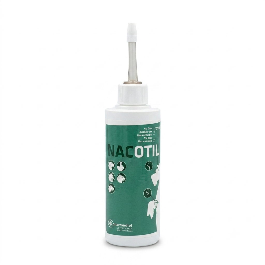 Frasco blanco de solución ótica Nacotil de Pharmadiet para perros, gatos y otros animales, con su aplicador de punta larga. La etiqueta verde oscuro muestra el nombre 'NACOTIL' en letras blancas grandes, iconos de animales y el logotipo de Pharmadiet, sobre un fondo blanco puro de estudio.