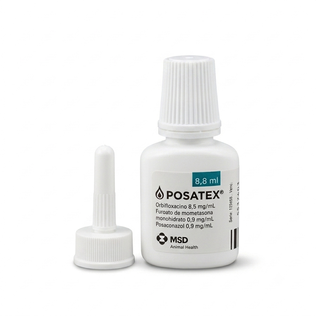 Frasco de gotas óticas Posatex de 8,8 ml de MSD Animal Health con su aplicador para oídos
