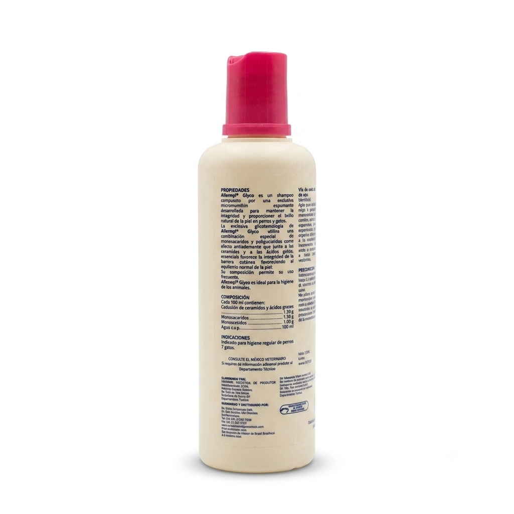Reverso del envase de Shampoo Virbac Allermyl Glyco de 250 ml, donde se detallan las propiedades, composición química, indicaciones de uso e información del fabricante sobre fondo blanco.
