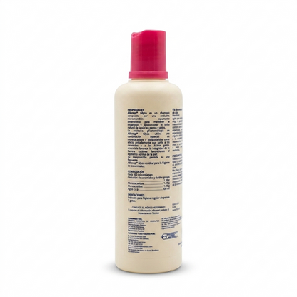 Reverso del envase de Shampoo Virbac Allermyl Glyco de 250 ml, donde se detallan las propiedades, composición química, indicaciones de uso e información del fabricante sobre fondo blanco.