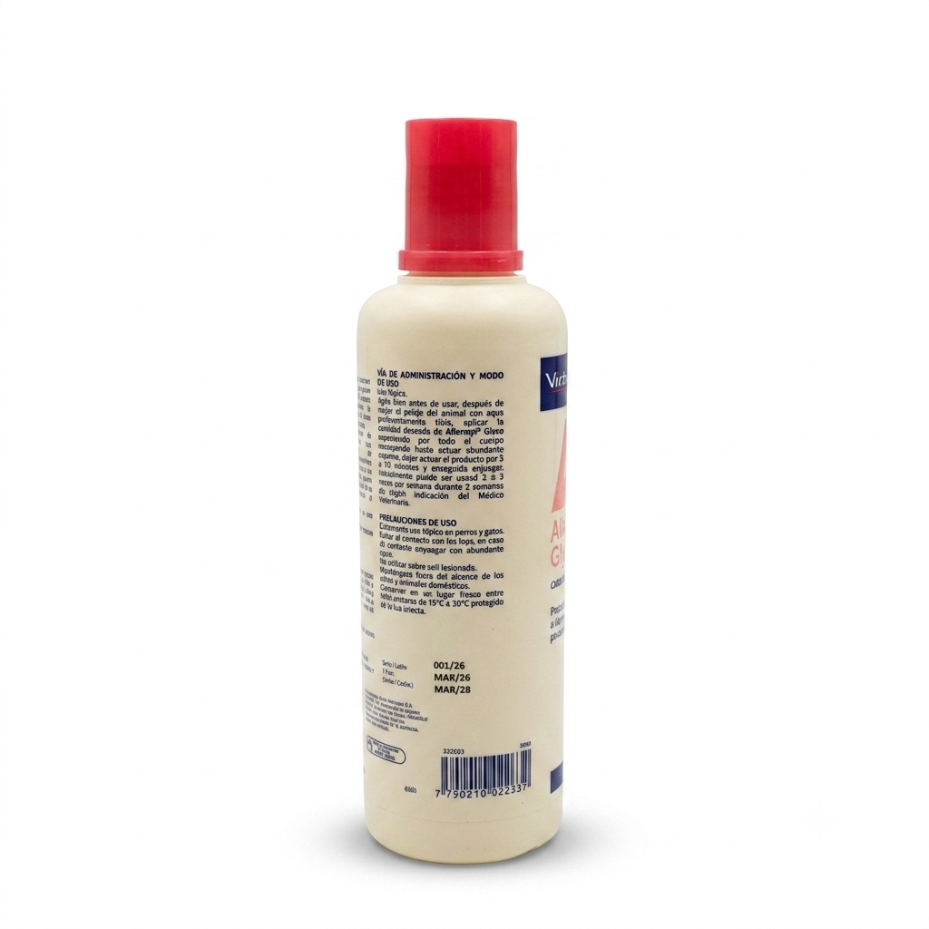 Vista lateral del Shampoo Virbac Allermyl Glyco de 250 ml que muestra el modo de uso, precauciones de administración, lote, fecha de vencimiento y código de barras sobre fondo blanco.