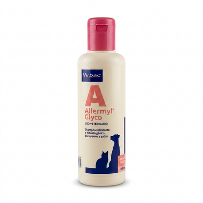 Shampoo hidratante e hipoalergénico Virbac Allermyl Glyco de 250 ml para perros y gatos. Vista frontal del envase centrado sobre un fondo blanco limpio de estudio.