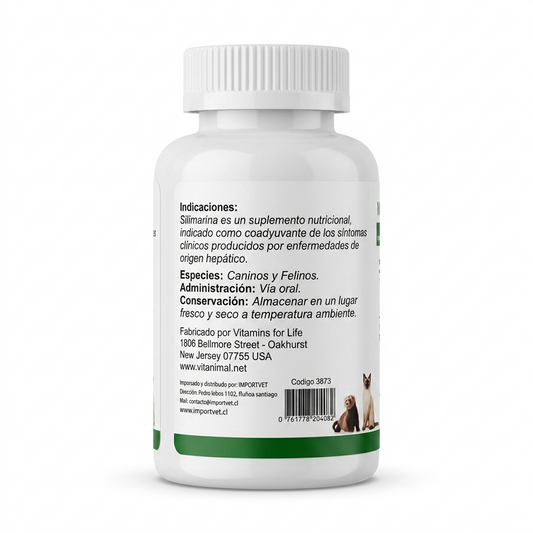 Reverso del envase de Silimarina 120 mg de 90 comprimidos, protector hepático para mascotas con indicaciones, especie, administración y conservación.