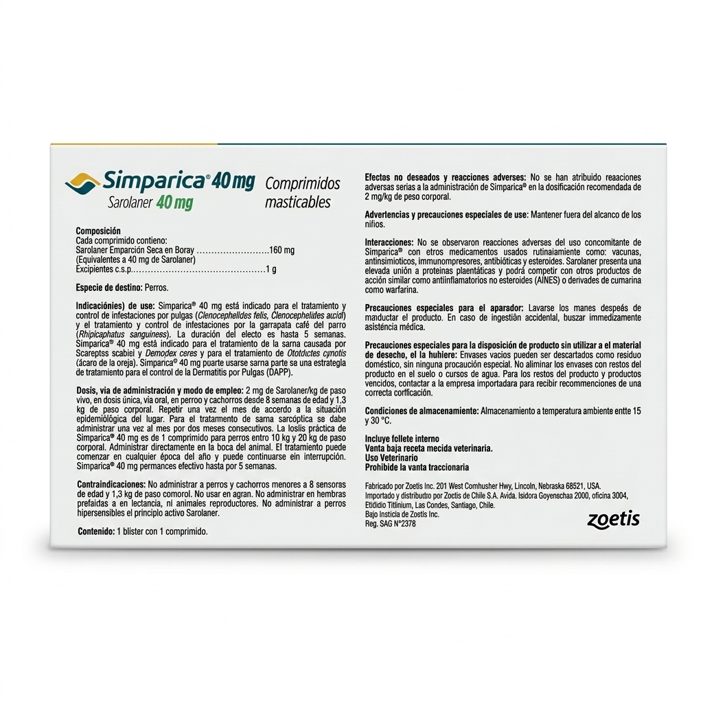 Vista posterior del empaque de Simparica para perros de 10 a 20 kg, presentación individual de 1 comprimido antiparasitario externo.