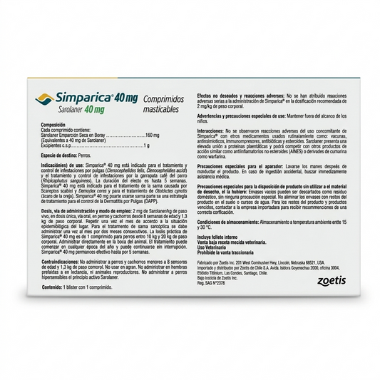 Vista posterior del empaque de Simparica para perros de 10 a 20 kg, presentación individual de 1 comprimido antiparasitario externo.