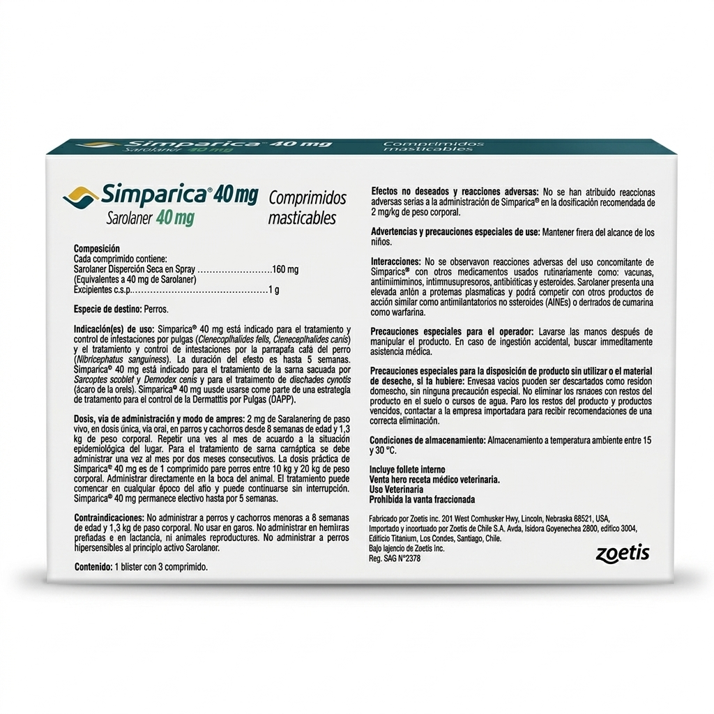 Contraetiqueta trasera de Simparica para perros de 10 a 20 kg, caja de 3 comprimidos masticables con indicaciones para tratamiento trimestral.
